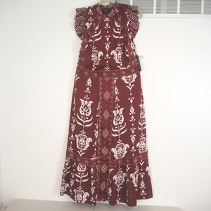 Lane Bryant Burgundy Floral Print Maxi Dress Flutter‎ Sleeve Mock Neck Size 16